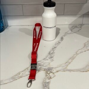 Porsche White Water Bottle and Red Lanyard